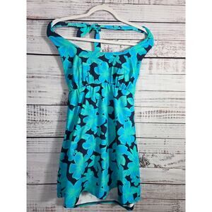 Land's End Swim Dress M 10-12 Blue Floral Halter Tankini Coverup Lycra Xtra life